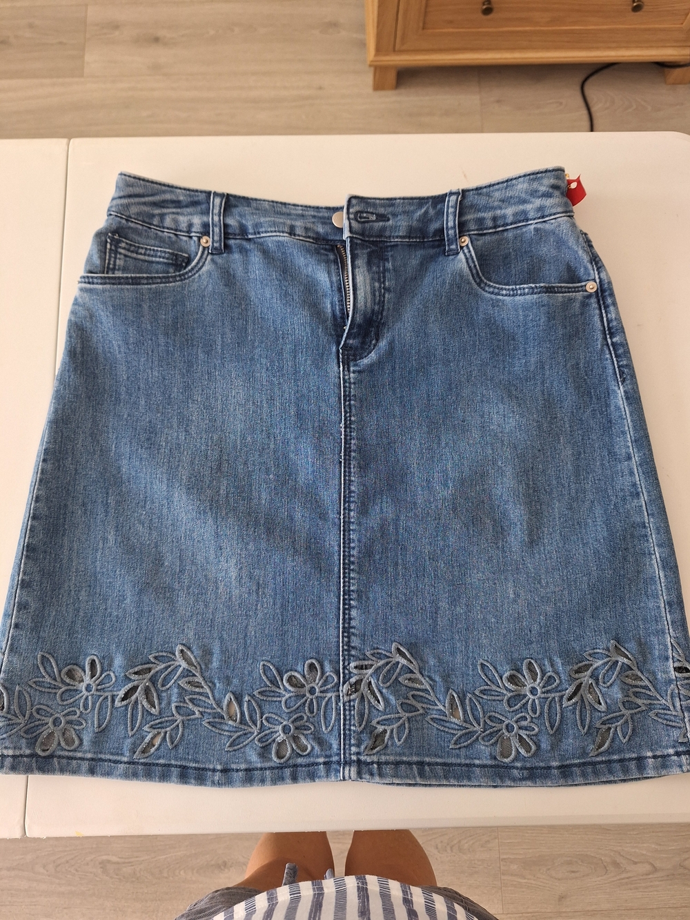 Westport Blue Denim A-Line Skirt with Floral Embroidery